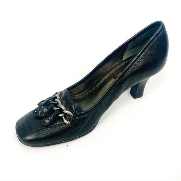ANTONIO MELANI Black Leather Square Toe Heeled Loafers with Chain Detail - Picture 4 of 7